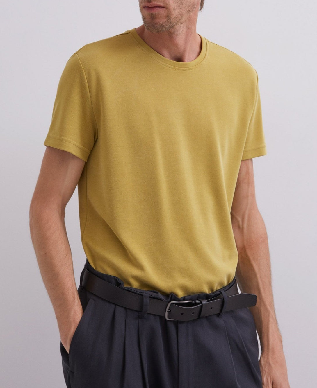 Men T-Shirt (Short Sleeve) | Mustard Modal Crew Neck T-Shirt by Spanish designer Adolfo Dominguez