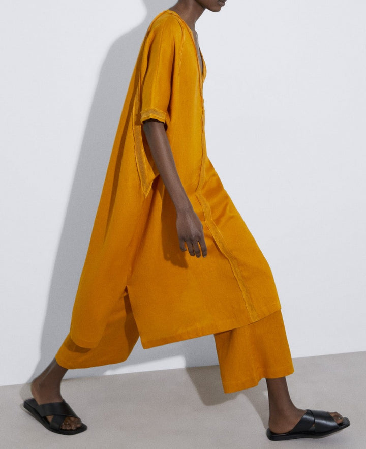 Women Shirt | Mustard Responsible Linen Kaftan Shirt by Spanish designer Adolfo Dominguez