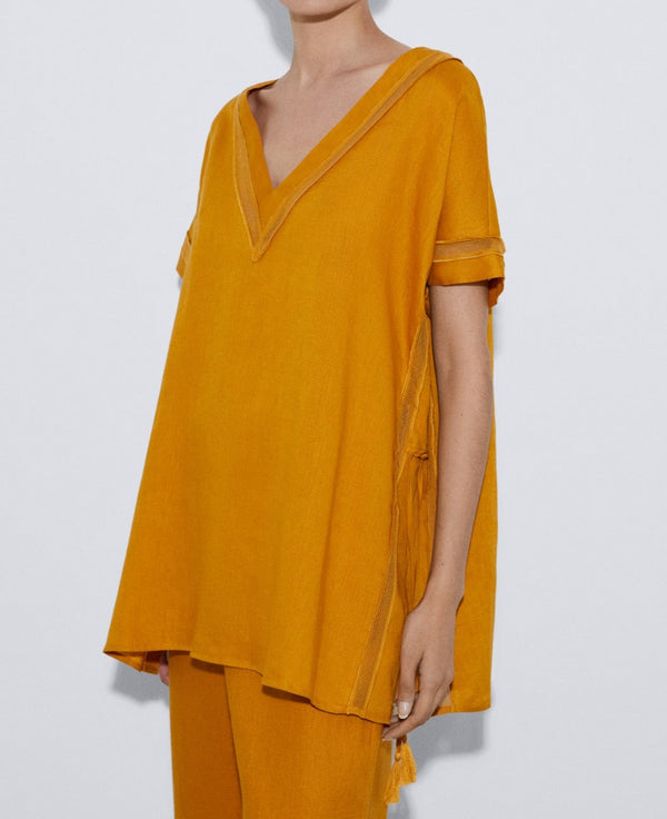 Women Short Sleeved Shirt | Mustard Responsible Linen Tasseled Shirt by Spanish designer Adolfo Dominguez