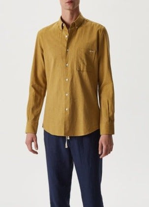 Men Long-Sleeve Shirt | Mustard Yellow Washed Linen Shirt by Spanish designer Adolfo Dominguez