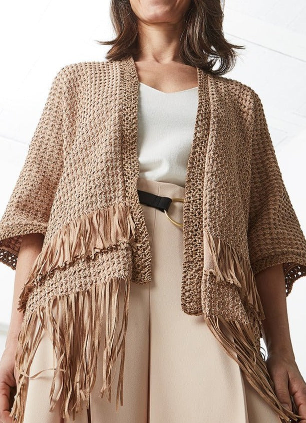 Women Jersey | Natural Fringed Knit Cardigan With Wide Sleeve by Spanish designer Adolfo Dominguez