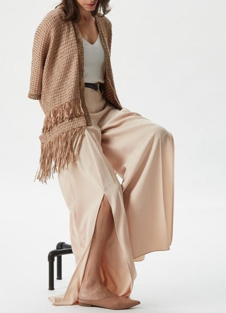 Women Jersey | Natural Fringed Knit Cardigan With Wide Sleeve by Spanish designer Adolfo Dominguez