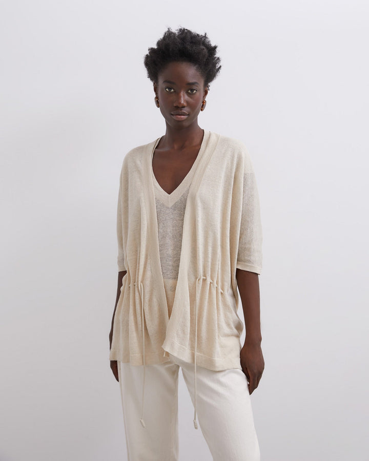 Women Knit Jacket | Natural Sound Linen Jacket With Ruffles by Spanish designer Adolfo Dominguez