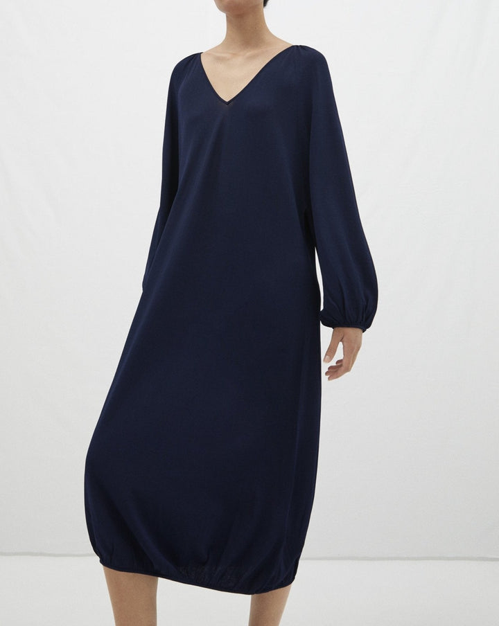 Women Dress | Navy Blue Balloon Silhouette Long Dress by Spanish designer Adolfo Dominguez