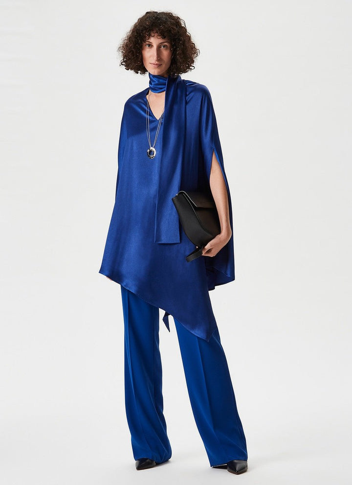 Women Coat | Navy Blue Bow-Detailed Asymmetric Cape by Spanish designer Adolfo Dominguez