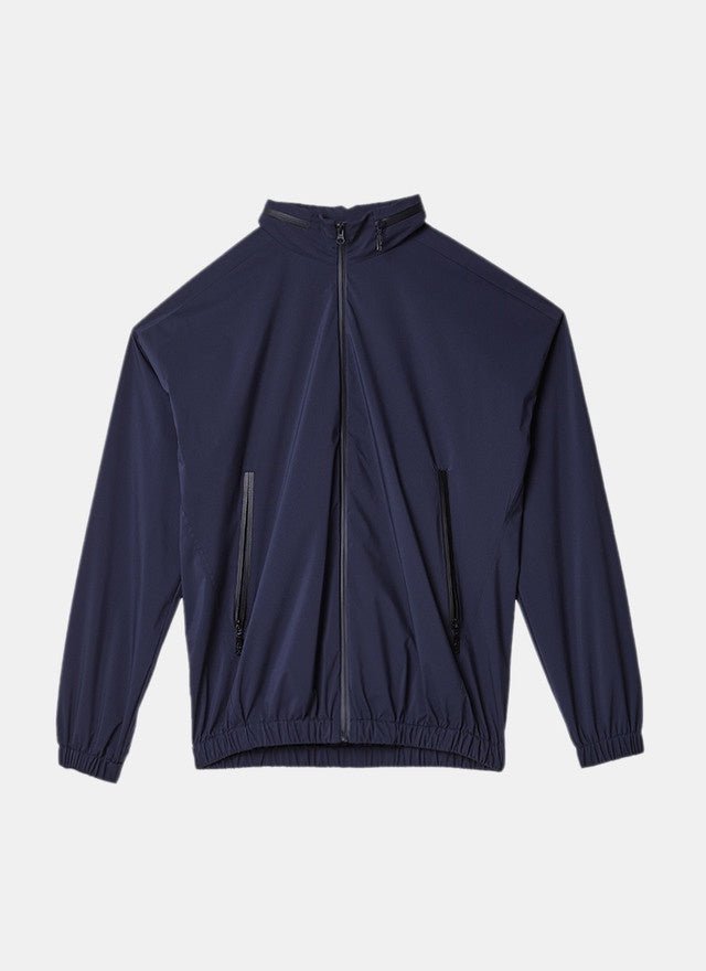 Men Short Jacket | Navy Blue Chimney Collar Jacket With Mixed Sleeve by Spanish designer Adolfo Dominguez