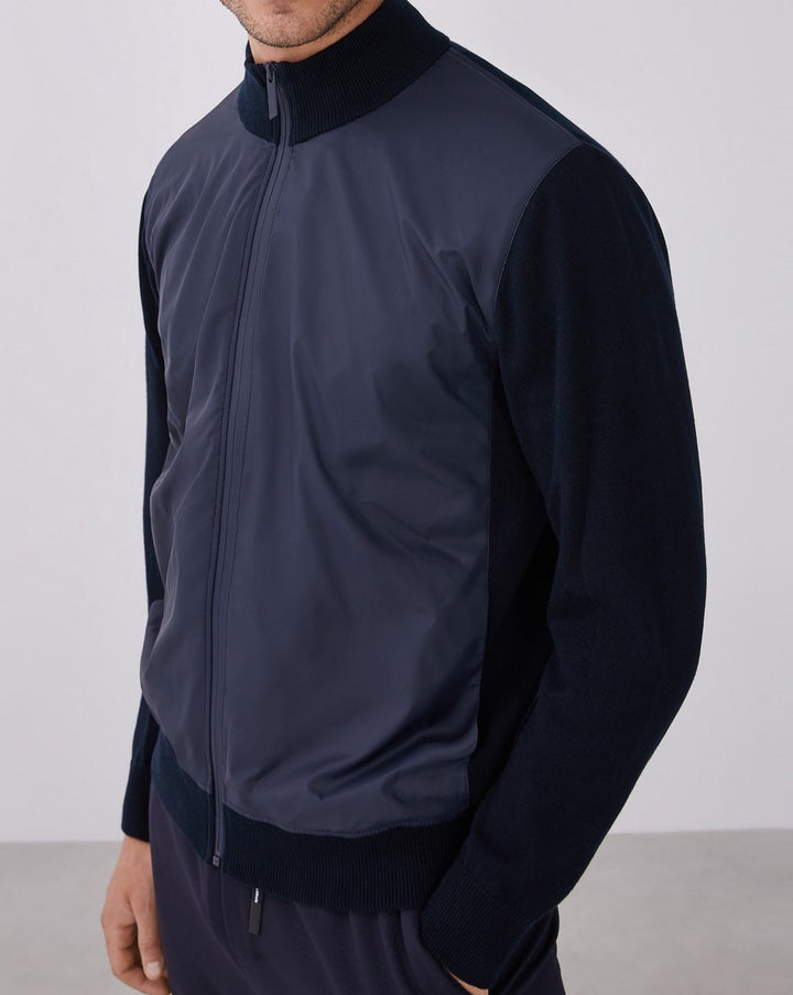 Men Knit Jacket | Navy Blue Cotton Cardigan With Perkins Collar by Spanish designer Adolfo Dominguez
