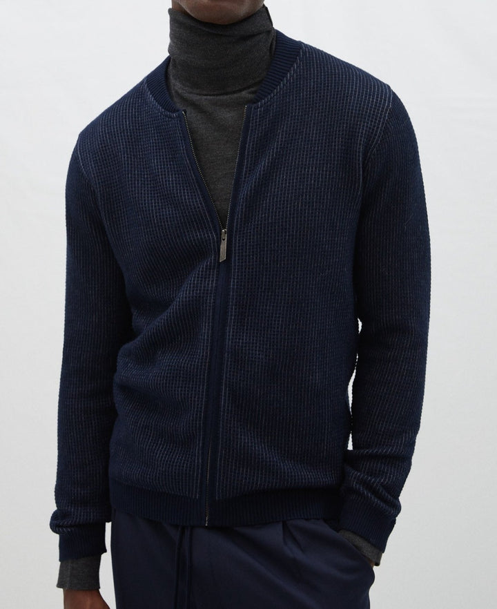Men Knit Jacket | Navy Blue Cotton Knit Bomber Cardigan by Spanish designer Adolfo Dominguez