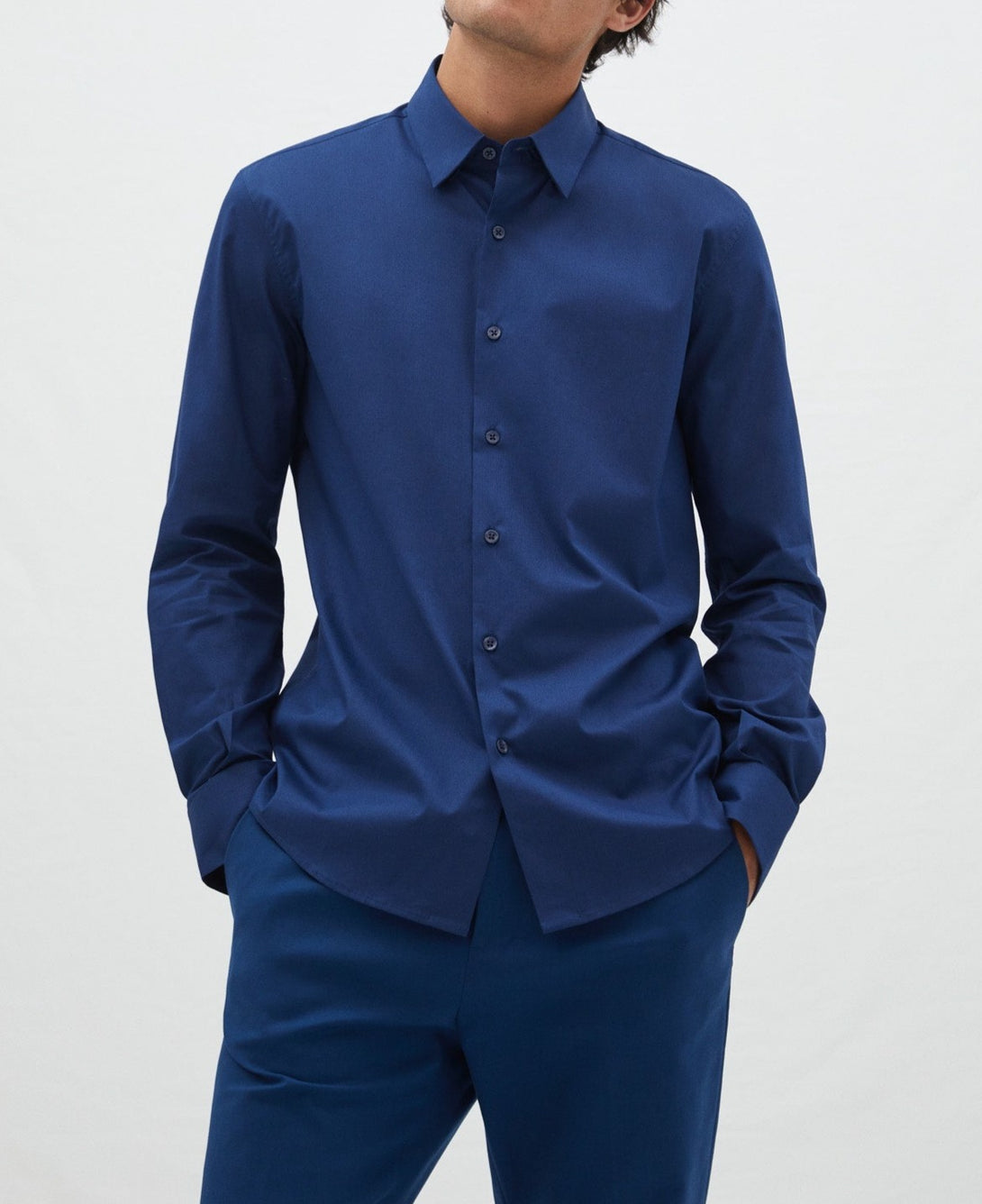 Men Shirt | Navy Blue Cotton Lapel Collar Shirt by Spanish designer Adolfo Dominguez