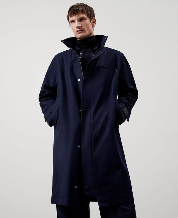 Men Long Jacket | Navy Blue Cotton Mao Collar Parka by Spanish designer Adolfo Dominguez
