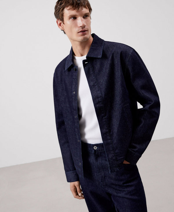 Men Jacket | Navy Blue Demin Overshirt In Recycled Materials by Spanish designer Adolfo Dominguez