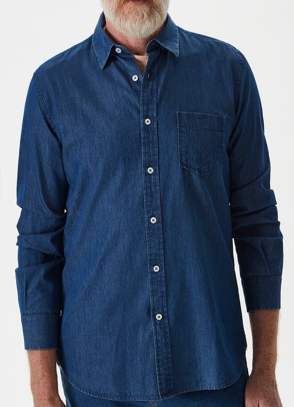 Men Long-Sleeve Shirt | Navy Blue Denim Shirt With Pindot Print by Spanish designer Adolfo Dominguez