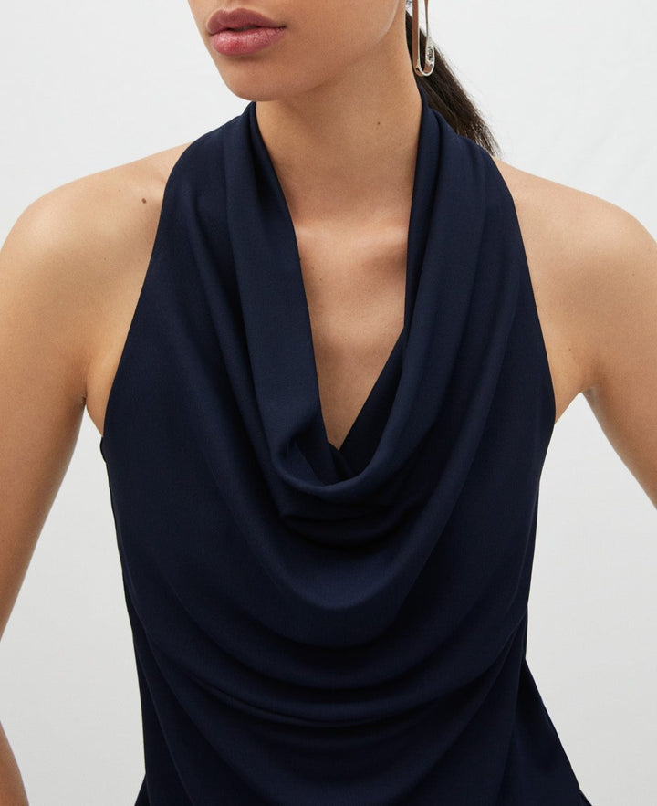 Women T-Shirt (Short Sleeve) | Navy Blue Draped Sleeveless T-Shirt by Spanish designer Adolfo Dominguez
