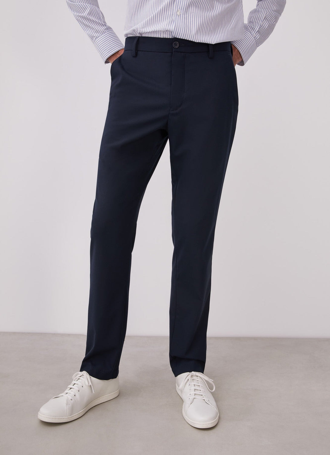 Men Trousers | Navy Blue Elastic Slim Fit Trousers by Spanish designer Adolfo Dominguez
