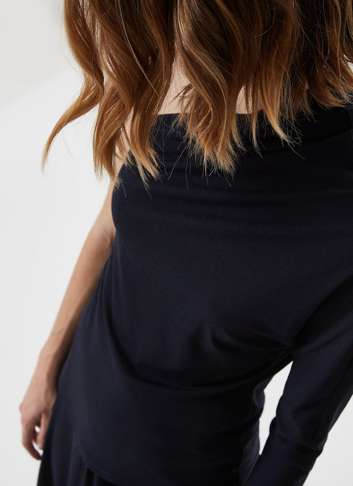 Women Long-Sleeve T-Shirt | Navy Blue Elastic Top With Asymmetric Hemline by Spanish designer Adolfo Dominguez