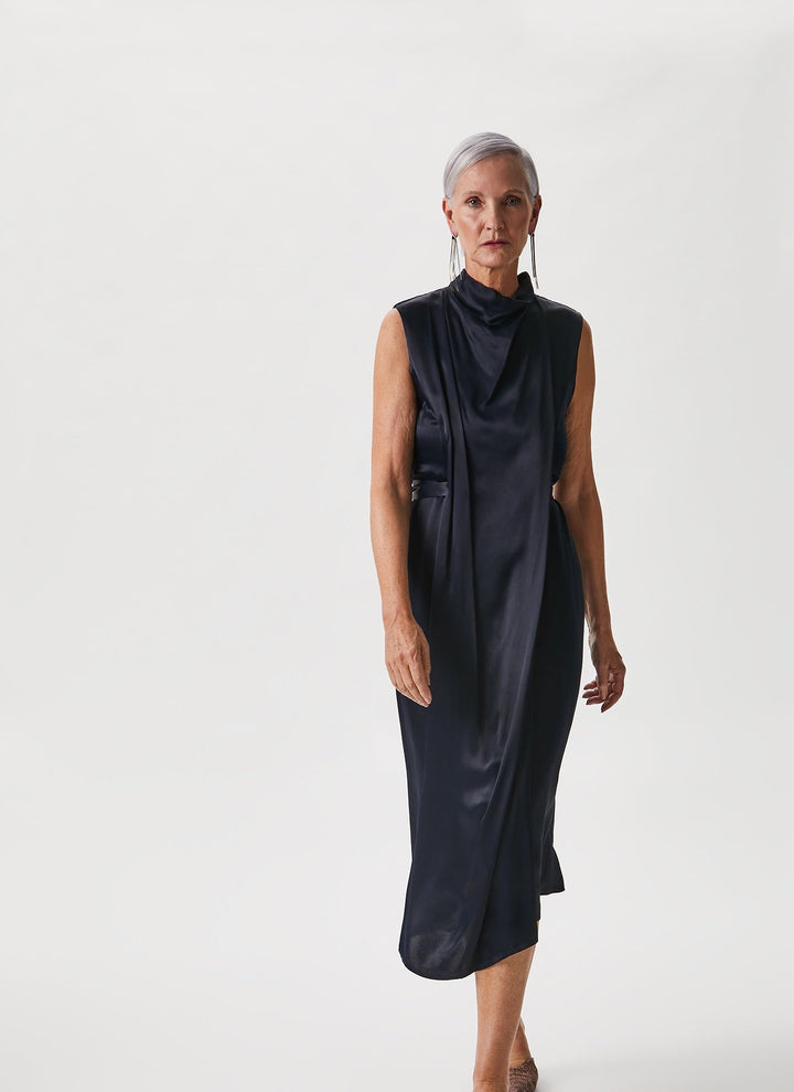 Women Dress | Navy Blue Fluid Dress With High Neck by Spanish designer Adolfo Dominguez