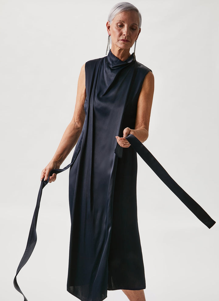 Women Dress | Navy Blue Fluid Dress With High Neck by Spanish designer Adolfo Dominguez