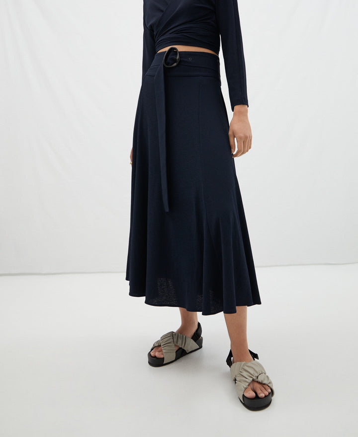Women Skirt | Navy Blue Fluid Skirt In Elastic Knit by Spanish designer Adolfo Dominguez