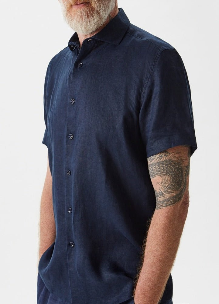 Men Long-Sleeve Shirt | Navy Blue Linen Cutaway Shirt With Short Sleeve by Spanish designer Adolfo Dominguez