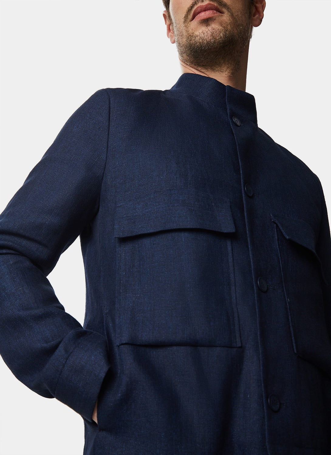 Men Overshirt | Navy Blue Linen Overshirt With Mandarin Colla by Spanish designer Adolfo Dominguez
