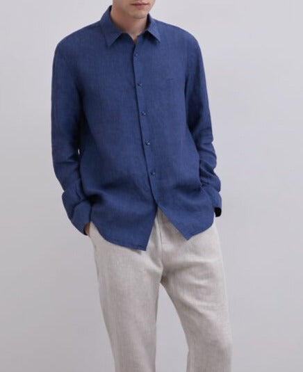 Men Shirt | Navy Blue Linen Shirt by Spanish designer Adolfo Dominguez