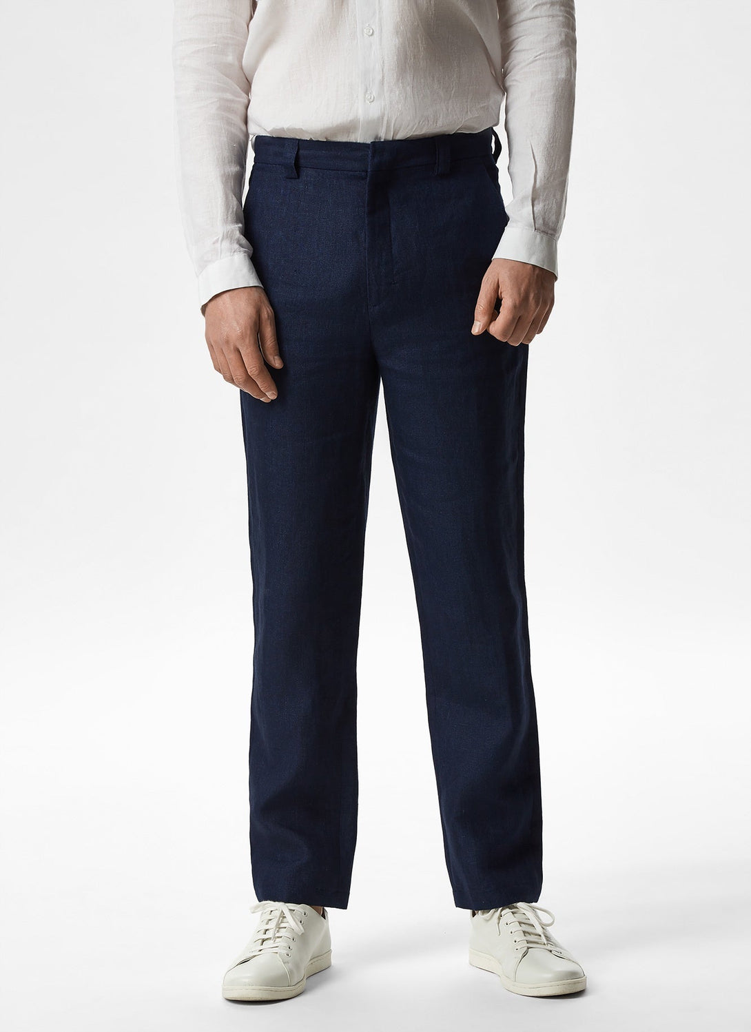 Men Trousers | Navy Blue Linen Trousers With Side Pockets by Spanish designer Adolfo Dominguez