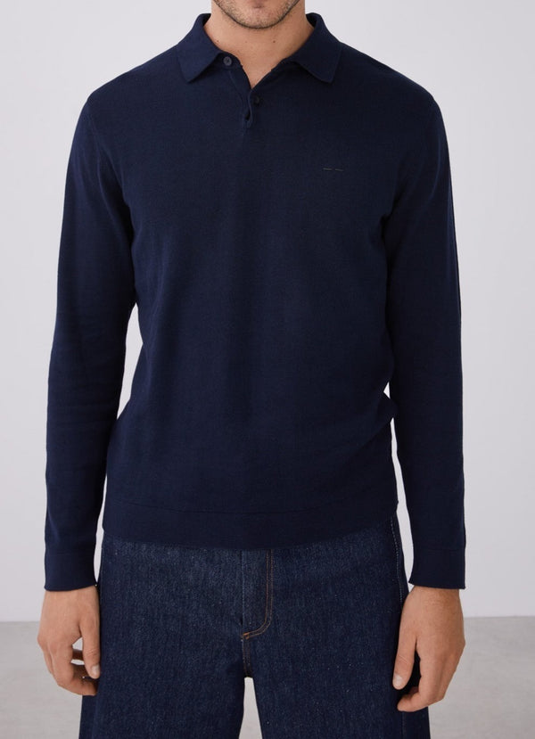 Men Knit Polo | Navy Blue Long Sleeve Cotton Polo Shirt by Spanish designer Adolfo Dominguez