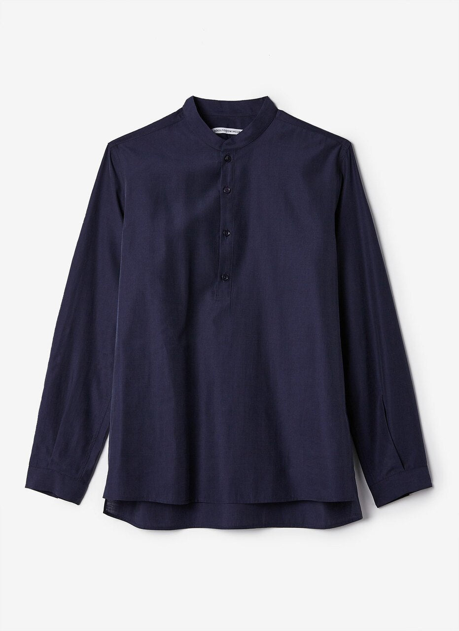Men Shirt | Navy Blue Lyocell Shirt With Button Neck by Spanish designer Adolfo Dominguez