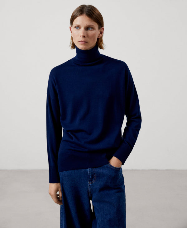 Women Jersey | Navy Blue Merino Wool Turtleneck Sweater by Spanish designer Adolfo Dominguez