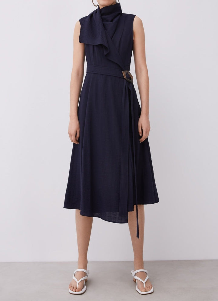 Women Dress | Navy Blue Midi Wrap Dress by Spanish designer Adolfo Dominguez