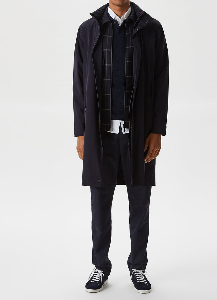 Men Long Jacket | Navy Blue Nylon Parka With Hidden Hood by Spanish designer Adolfo Dominguez
