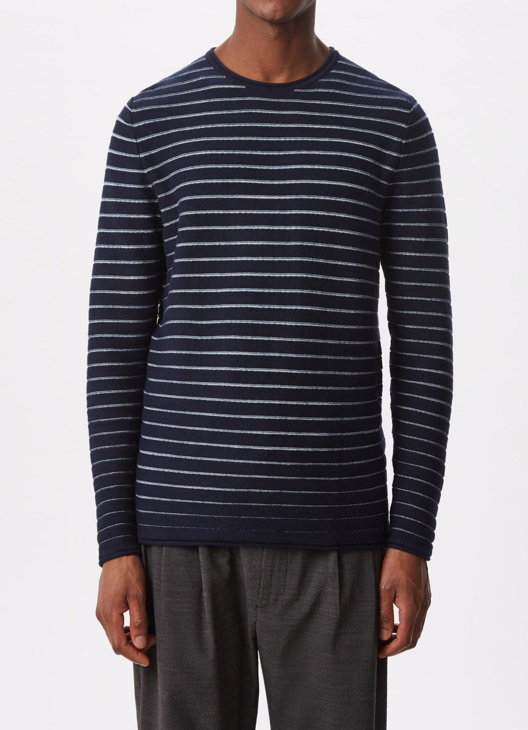 Men Jersey | Navy Blue Organic Cotton Striped Sweater by Spanish designer Adolfo Dominguez