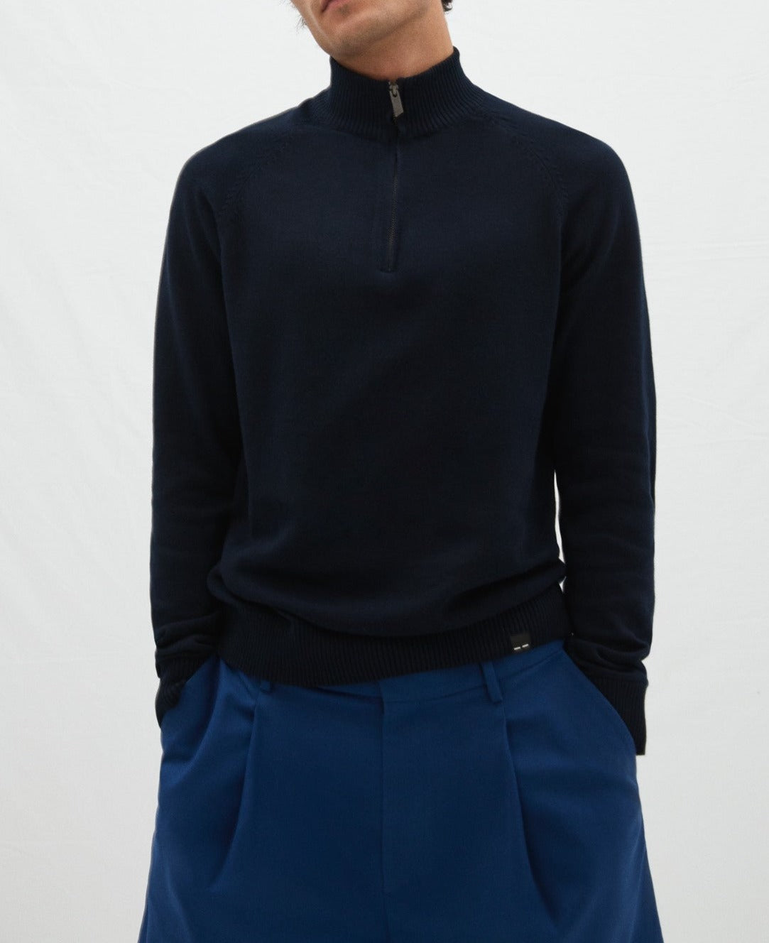 Men Jersey | Navy Blue Perkins Neck Sweater by Spanish designer Adolfo Dominguez