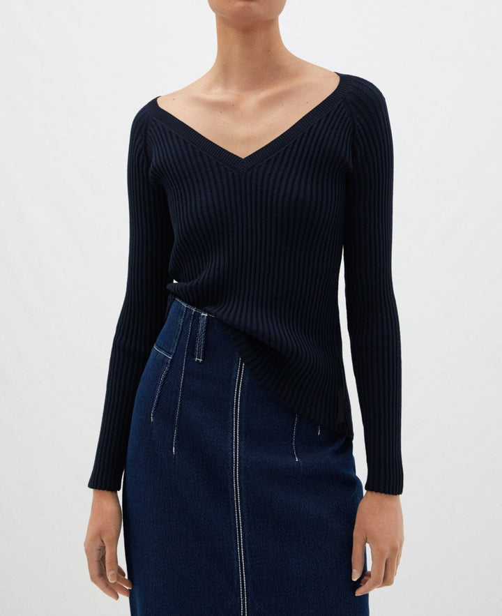 Women Jersey | Navy Blue Ribbed V-Neck Pullover by Spanish designer Adolfo Dominguez
