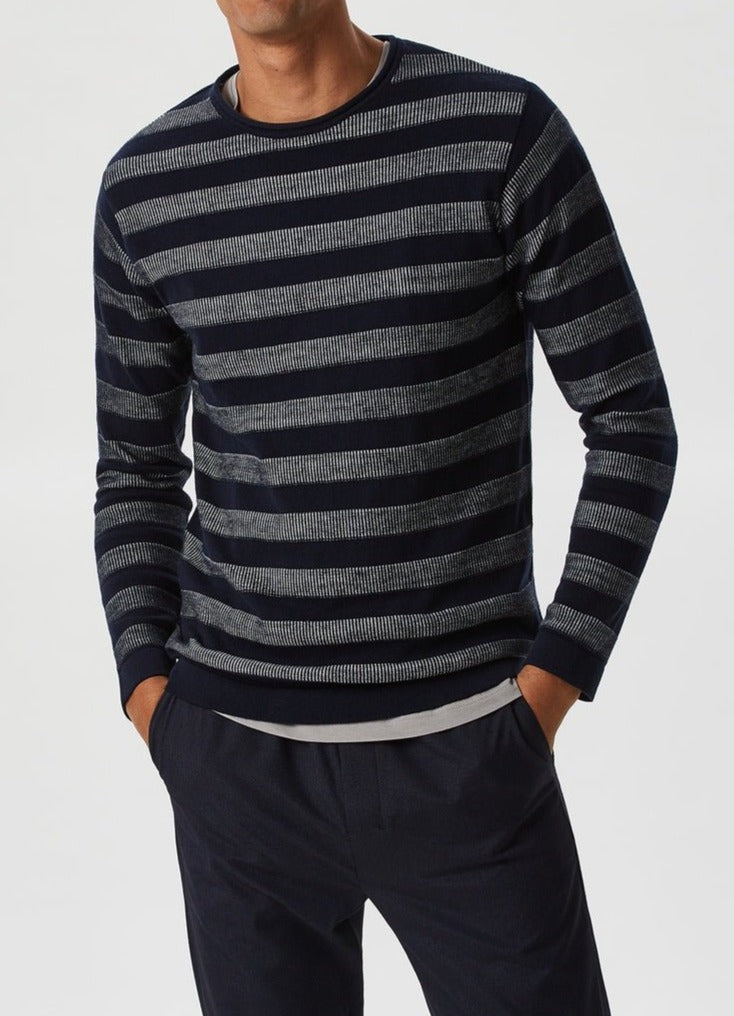 Men Jersey | Navy Blue Roll Edge Sweater With Striped Design by Spanish designer Adolfo Dominguez