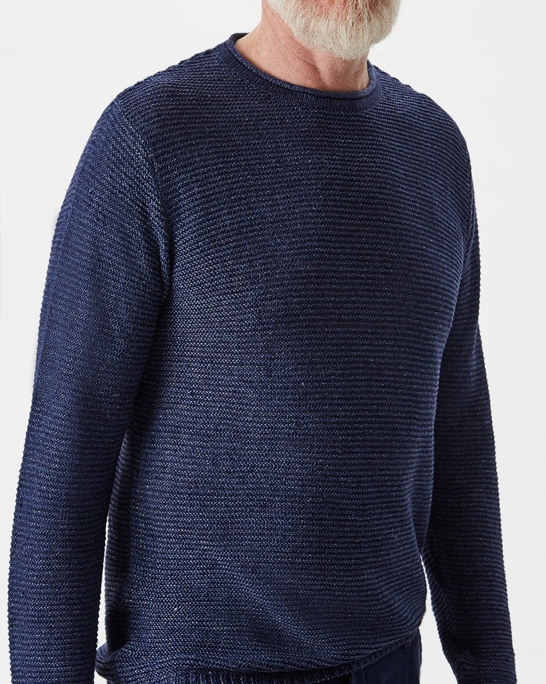 Men Jersey | Navy Blue Rustic Linen Crew Neck Sweater by Spanish designer Adolfo Dominguez