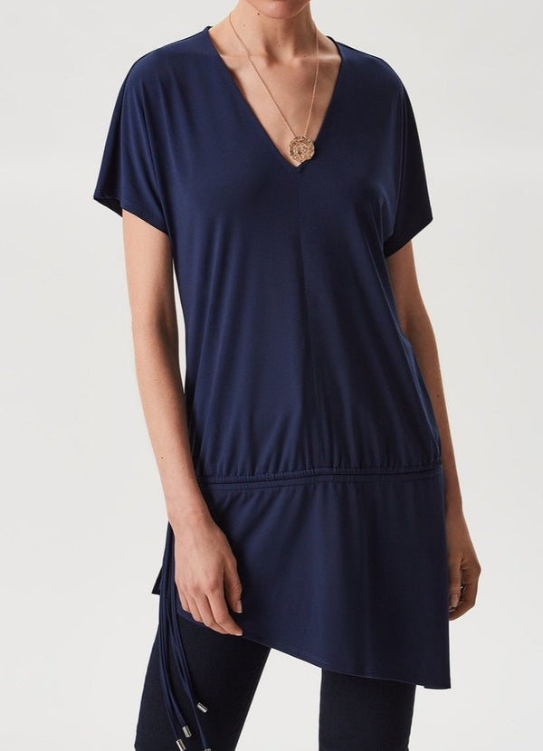 Women Short Sleeved Shirt | Navy Blue Short Sleeve Shirt With Asymmetric Hem by Spanish designer Adolfo Dominguez