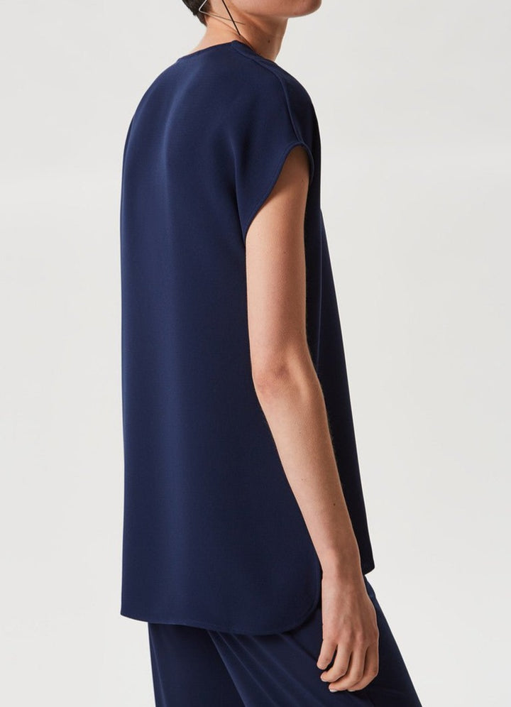 Women Short Sleeved Shirt | Navy Blue Short Sleeve Shirt With Side Slits by Spanish designer Adolfo Dominguez