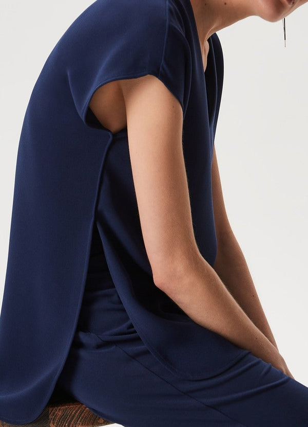 Women Short Sleeved Shirt | Navy Blue Short Sleeve Shirt With Side Slits by Spanish designer Adolfo Dominguez