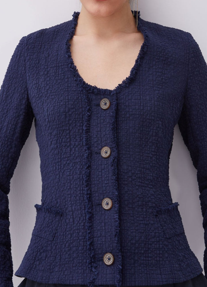 Women Structured Jacket | Navy Blue Unlined Textured Cotton Jacket by Spanish designer Adolfo Dominguez