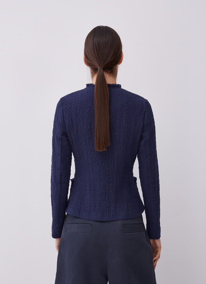 Women Structured Jacket | Navy Blue Unlined Textured Cotton Jacket by Spanish designer Adolfo Dominguez