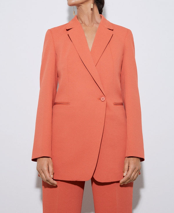 Women Structured Jacket | Orange Long Blazer With Visible Stitching by Spanish designer Adolfo Dominguez