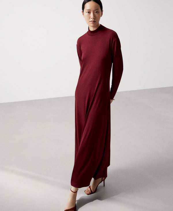 Women Dress | Raspberry Perkins Ribbed Collar Midi Dress by Spanish designer Adolfo Dominguez
