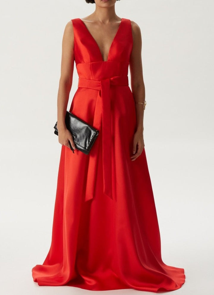Women Cocktail Dress | Red Cocktail Long Dress With Volume by Spanish designer Adolfo Dominguez