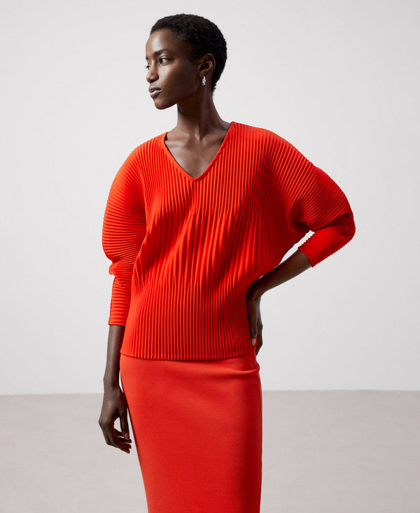Women Shirt | Red Crinkle Japanese Sleeve Blouse by Spanish designer Adolfo Dominguez