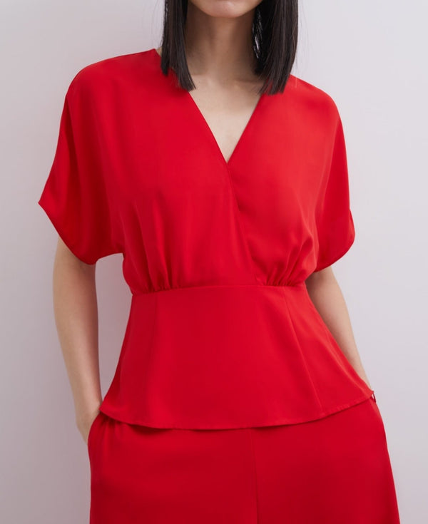 Women Short Sleeved Shirt | Red Drop Sleeve Top With Crossed Neckline by Spanish designer Adolfo Dominguez