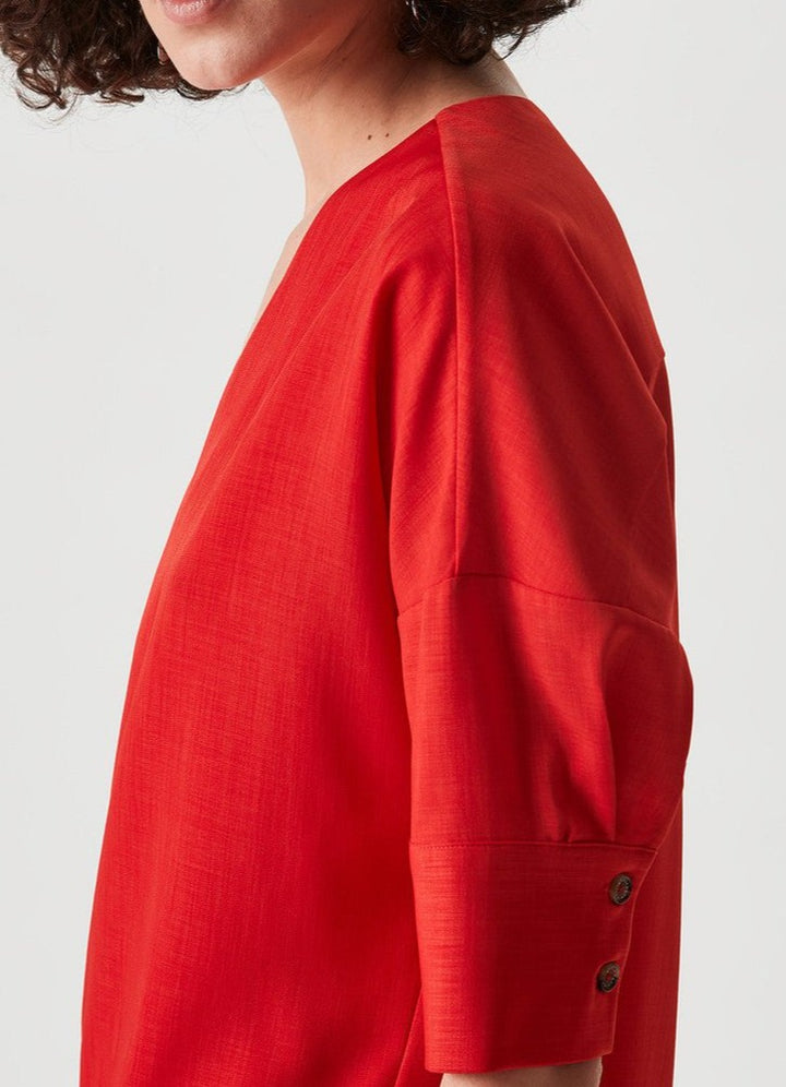 Women Short Sleeved Shirt | Red Elastic Shirt With V-Necklin by Spanish designer Adolfo Dominguez