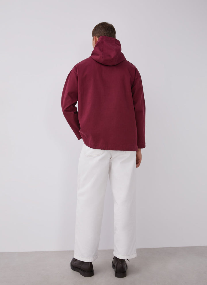 Men Short Jacket | Red Hooded Pullover With Maxi Pocket by Spanish designer Adolfo Dominguez