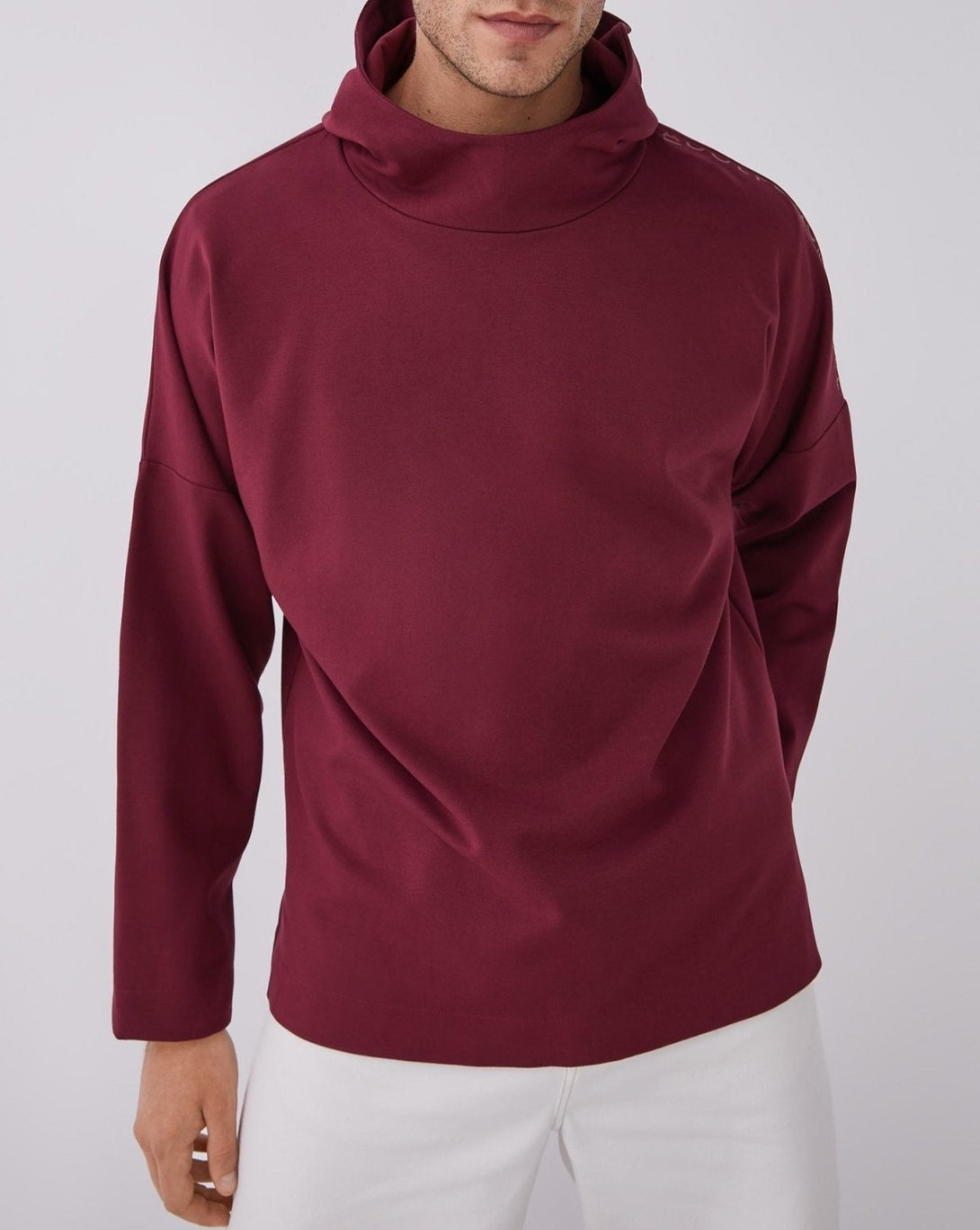 Men Jumper | Red Hooded Sweatshirt With Chimney Collar by Spanish designer Adolfo Dominguez