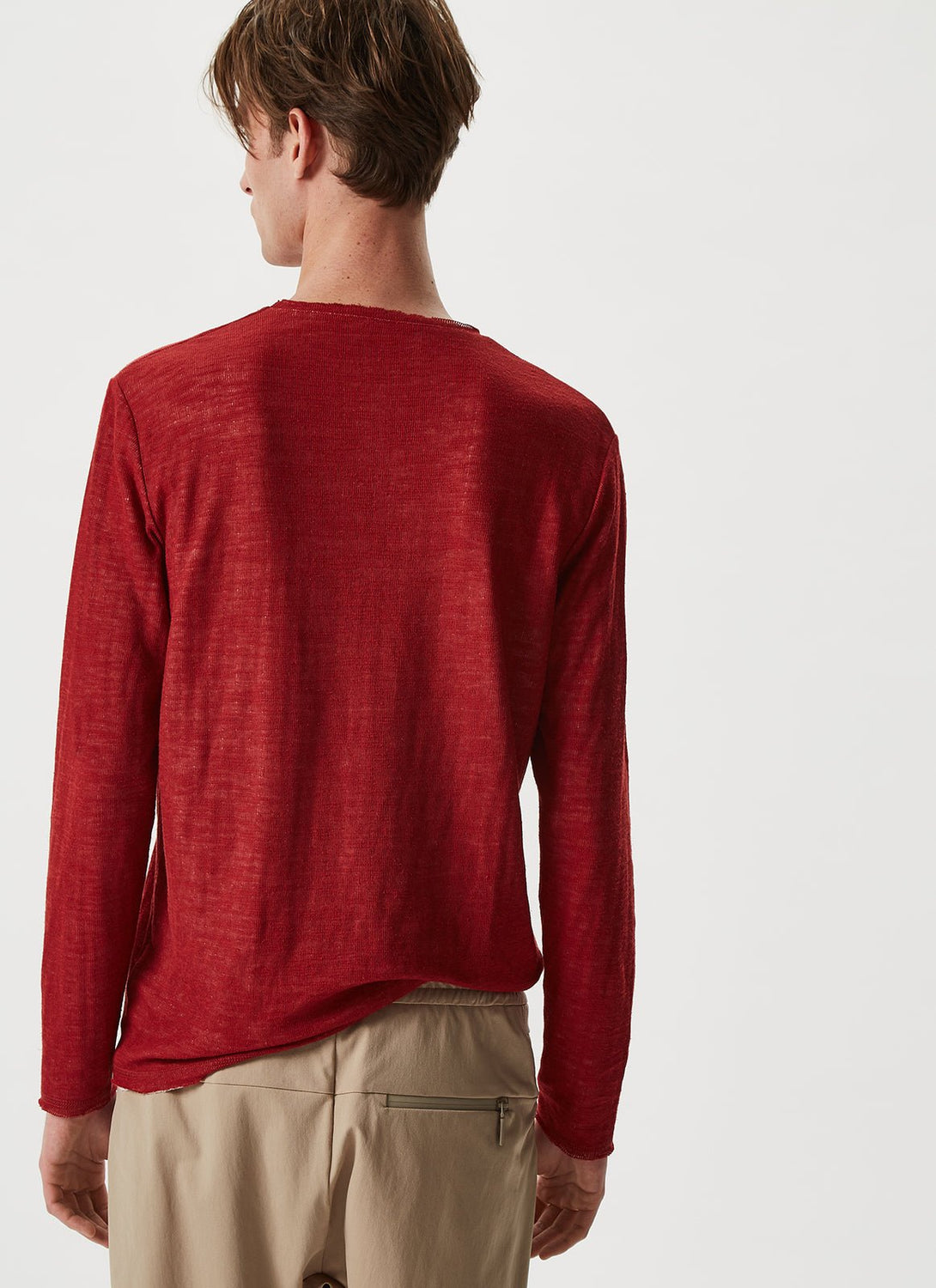 Men Long-Sleeve T-Shirt | Red Long-Sleeved T-Shirt With Raw Edges by Spanish designer Adolfo Dominguez